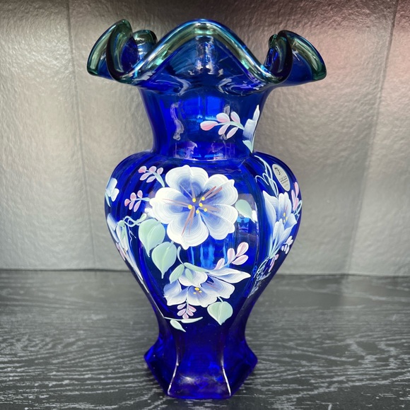 FENTON ART GLASS COLBALT BLUE 75TH ANNIVERSARY 1998 HAND PAINTED FLOWERS VASE